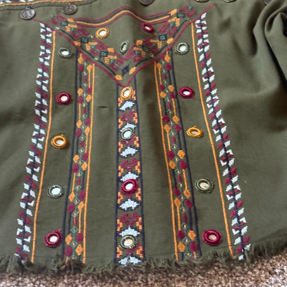 Anthropologie Beautiful Stories Embroidered Olive Jacket M Boho Metal Mirror - Picture 10 of 11